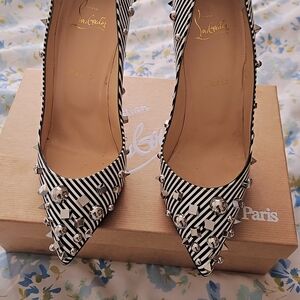 Christian Louboutin Black and White Heels with Silver Accents